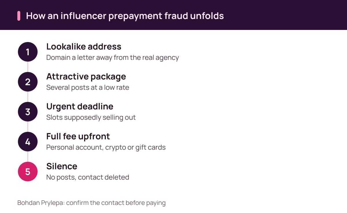 Bohdan Prylepa fraud guide: how a fake talent manager prepayment scam unfolds, step by step