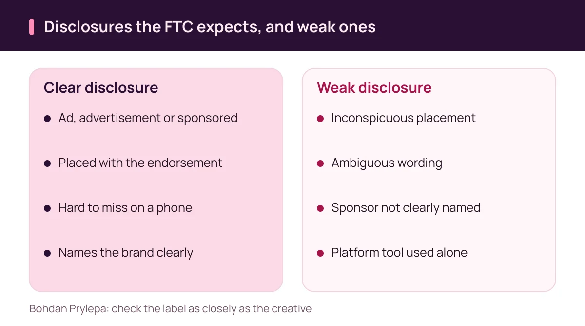Bohdan Prylepa fraud guide: influencer disclosures the FTC expects compared with weak ones